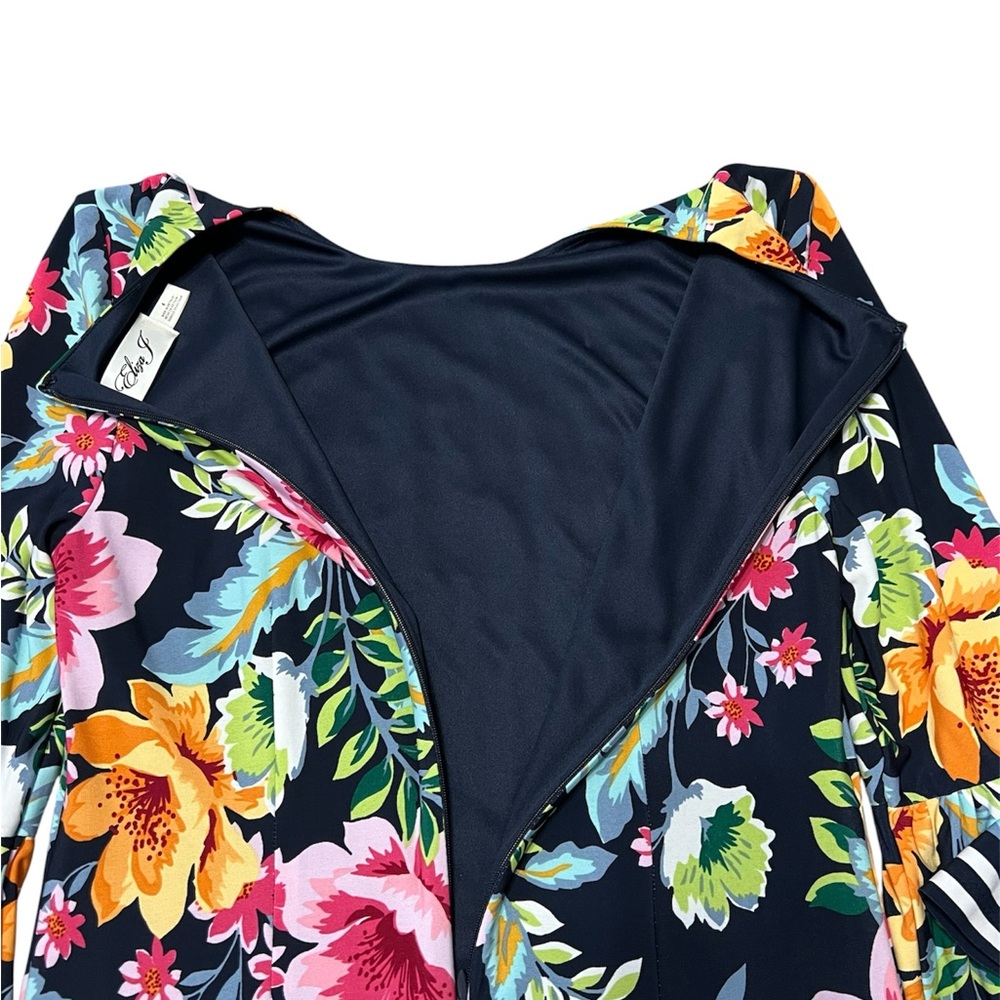 ELIZA J women’s navy blue pink orange yellow back zip ruffle shift dress size 4 - Picture 4 of 7